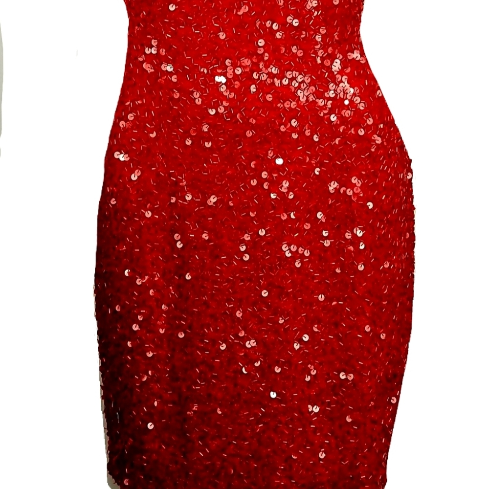 SOLD Vintage Red Oleg Cassini Black Tie Dress - Picture 2 of 8